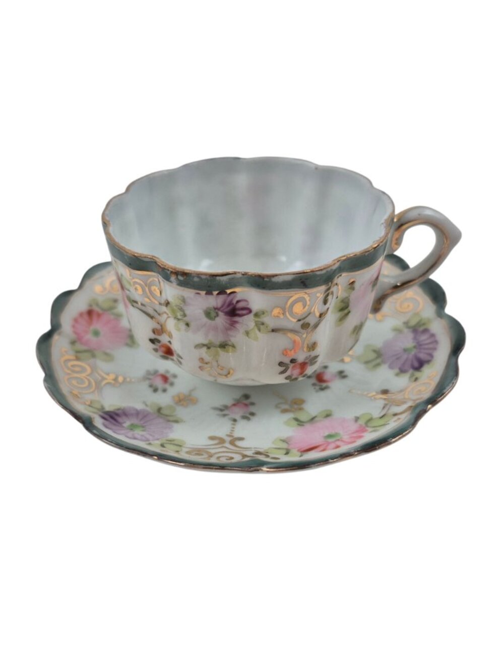 Tea Cup Saucer Set Porcelain Pink Purple Floral Design Green Trim Gold Accents - Picture 3 of 10